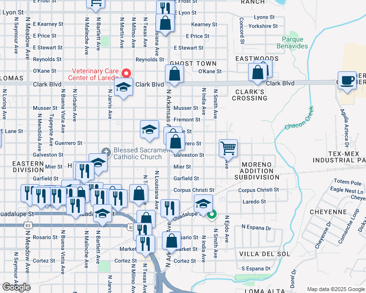 map of restaurants, bars, coffee shops, grocery stores, and more near 2906 Galveston Street in Laredo