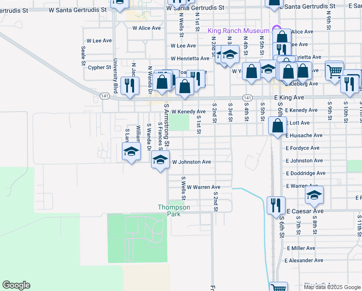 map of restaurants, bars, coffee shops, grocery stores, and more near 700 West Fordyce Avenue in Kingsville
