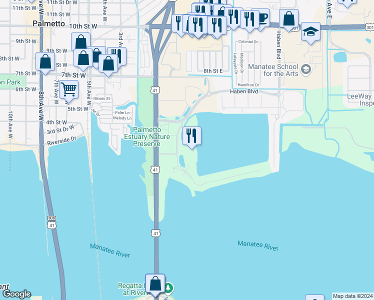 map of restaurants, bars, coffee shops, grocery stores, and more near 102 Riviera Dunes Way in Palmetto