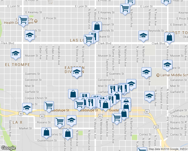map of restaurants, bars, coffee shops, grocery stores, and more near 1519 East Guerrero Street in Laredo