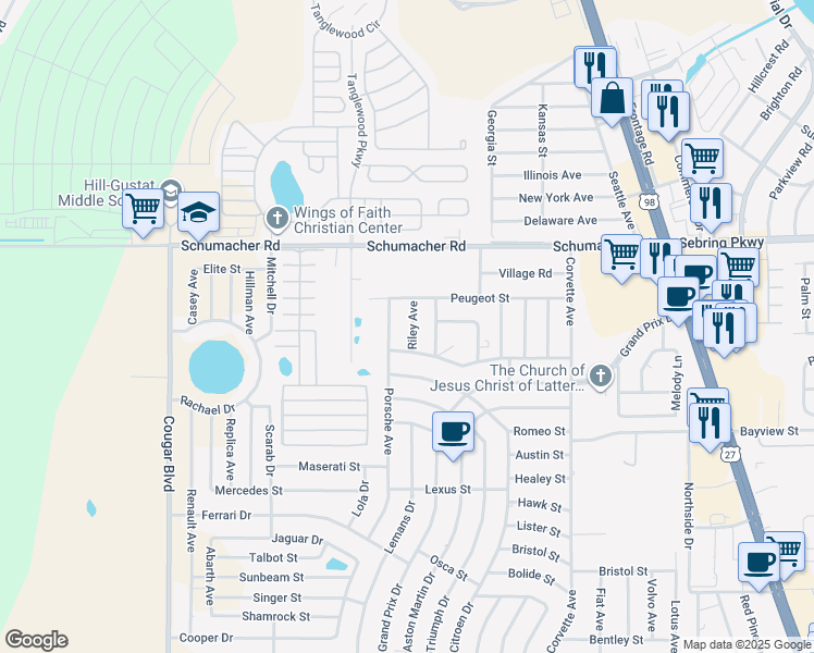 map of restaurants, bars, coffee shops, grocery stores, and more near 1507 Riley Avenue in Sebring