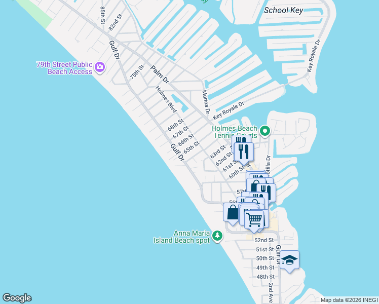 map of restaurants, bars, coffee shops, grocery stores, and more near 206 64th Street in Holmes Beach