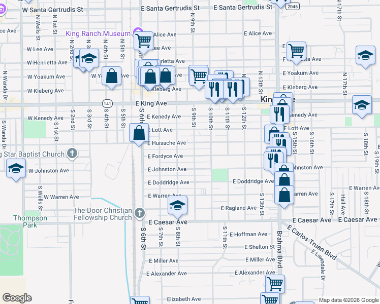 map of restaurants, bars, coffee shops, grocery stores, and more near 503 East Fordyce Avenue in Kingsville