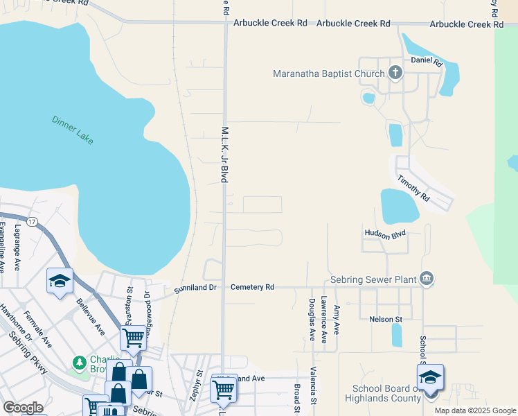 map of restaurants, bars, coffee shops, grocery stores, and more near 3372 Green Acre Way in Sebring