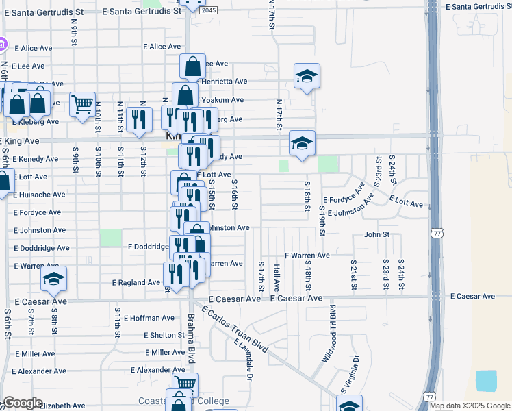map of restaurants, bars, coffee shops, grocery stores, and more near 1215 East Fordyce Avenue in Kingsville