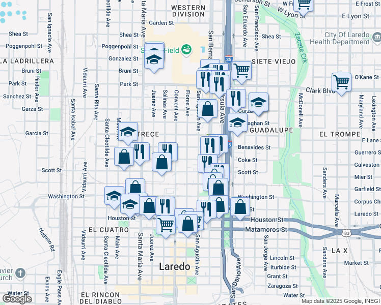 map of restaurants, bars, coffee shops, grocery stores, and more near 1319 San Agustin Avenue in Laredo