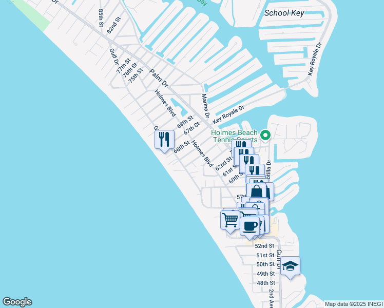 map of restaurants, bars, coffee shops, grocery stores, and more near 206 64th Street in Holmes Beach