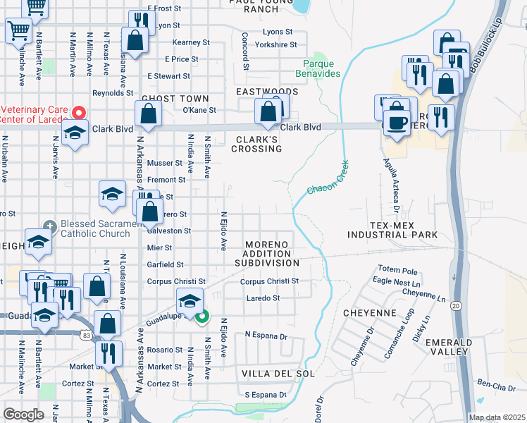 map of restaurants, bars, coffee shops, grocery stores, and more near 3402 Guerrero Street in Laredo
