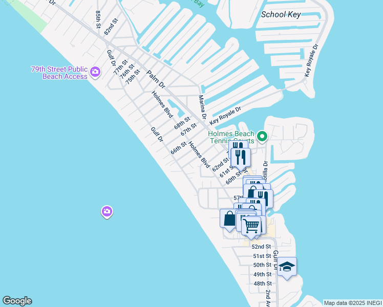 map of restaurants, bars, coffee shops, grocery stores, and more near 206 64th Street in Holmes Beach