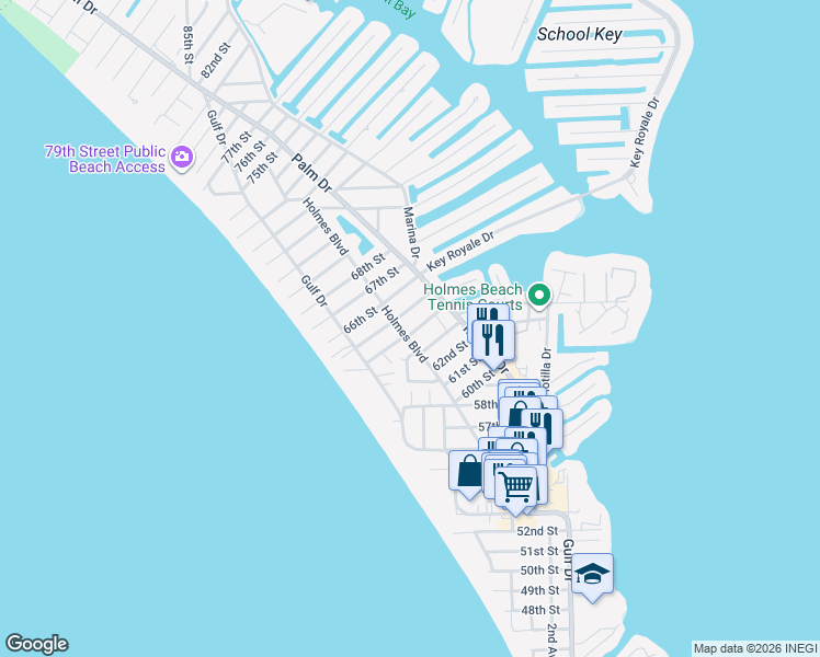 map of restaurants, bars, coffee shops, grocery stores, and more near 306 65th Street in Holmes Beach