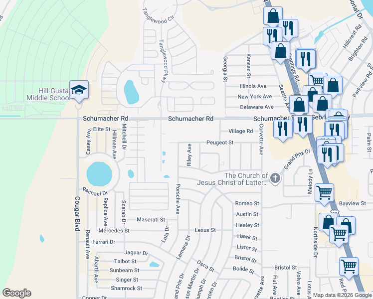 map of restaurants, bars, coffee shops, grocery stores, and more near 4019 Peugeot Street in Sebring