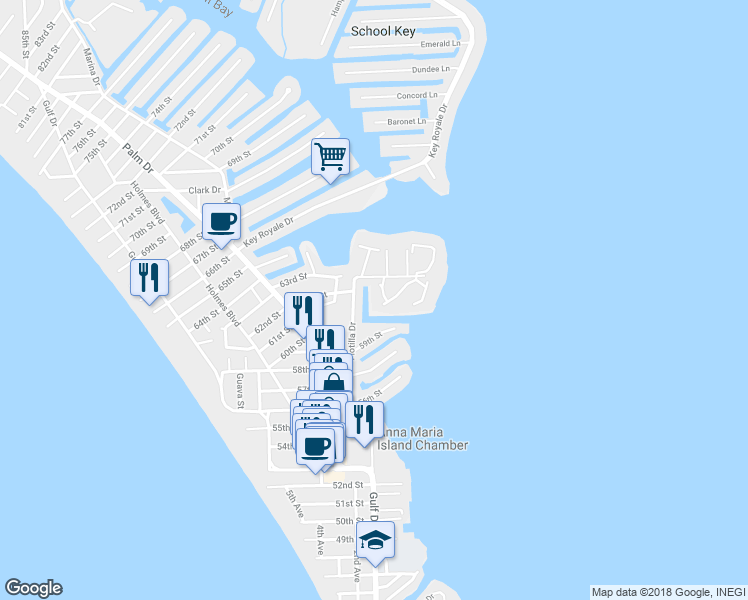 map of restaurants, bars, coffee shops, grocery stores, and more near 6200 Flotilla Drive in Holmes Beach