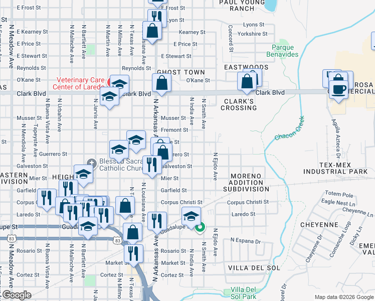 map of restaurants, bars, coffee shops, grocery stores, and more near in Laredo