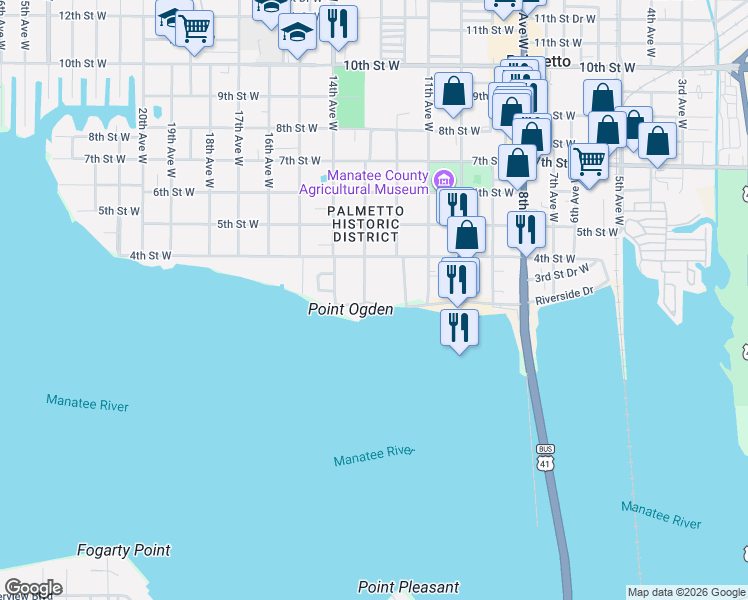 map of restaurants, bars, coffee shops, grocery stores, and more near 314 13th Avenue West in Palmetto
