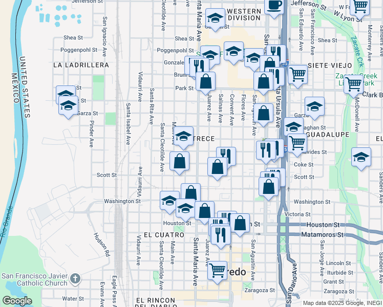 map of restaurants, bars, coffee shops, grocery stores, and more near 1500 Davis Avenue in Laredo