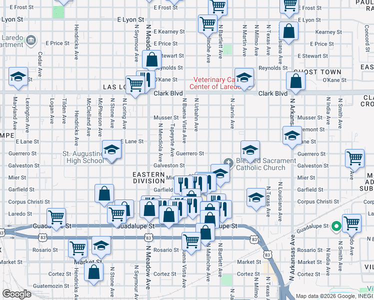 map of restaurants, bars, coffee shops, grocery stores, and more near 1901 Lane Street in Laredo