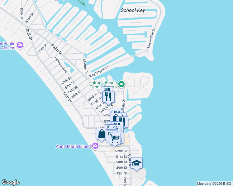 map of restaurants, bars, coffee shops, grocery stores, and more near 6212 Marina Way in Holmes Beach