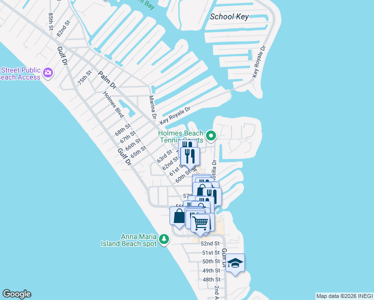 map of restaurants, bars, coffee shops, grocery stores, and more near 415 63rd Street in Holmes Beach