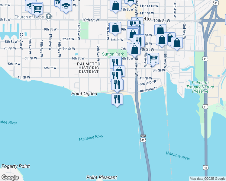 map of restaurants, bars, coffee shops, grocery stores, and more near 1031 4th Street West in Palmetto