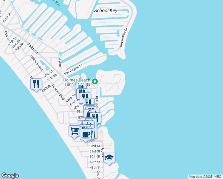 map of restaurants, bars, coffee shops, grocery stores, and more near 6500 Flotilla Drive in Holmes Beach