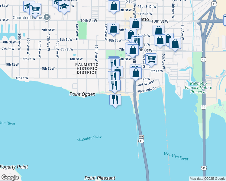 map of restaurants, bars, coffee shops, grocery stores, and more near 1031 4th Street West in Palmetto