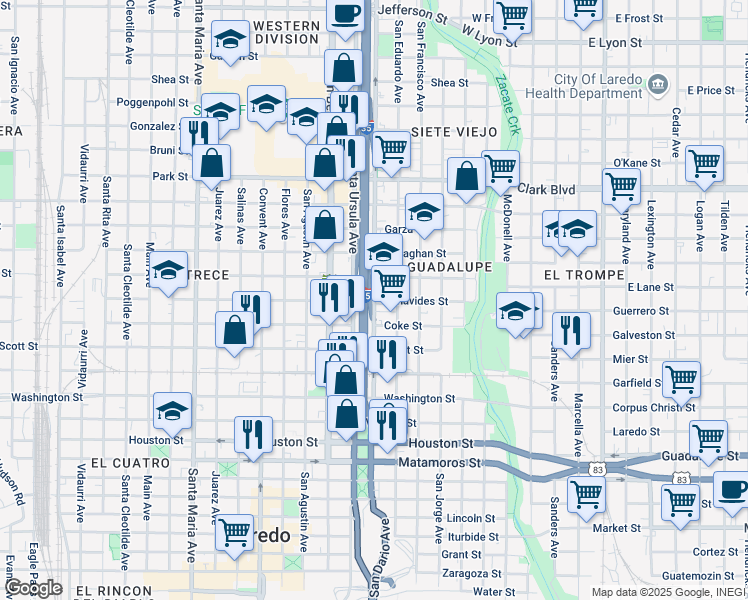 map of restaurants, bars, coffee shops, grocery stores, and more near 1501 San Dario Avenue in Laredo