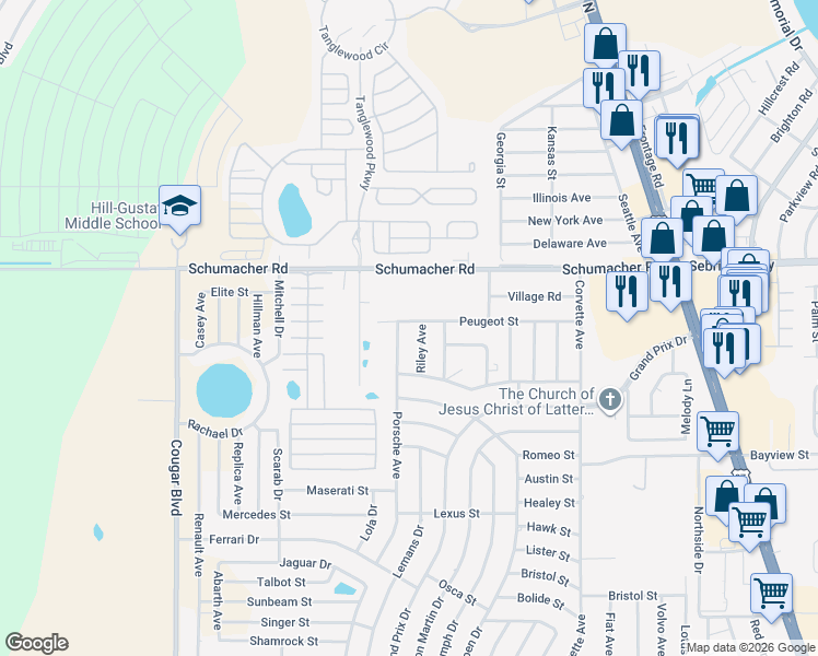 map of restaurants, bars, coffee shops, grocery stores, and more near 4019 Peugeot Street in Sebring