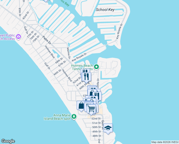 map of restaurants, bars, coffee shops, grocery stores, and more near 6212 Marina Way in Holmes Beach