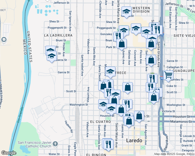 map of restaurants, bars, coffee shops, grocery stores, and more near 1507 Santa Cleotilde Avenue in Laredo