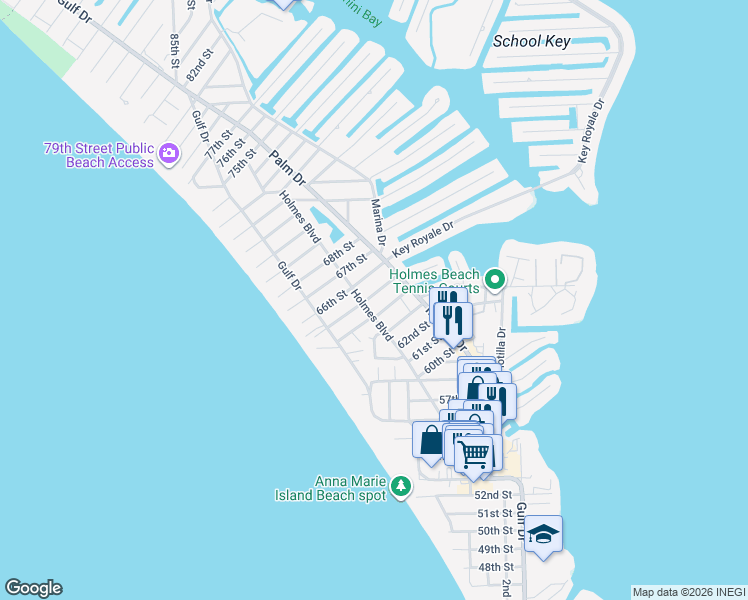 map of restaurants, bars, coffee shops, grocery stores, and more near 306 65th Street in Holmes Beach