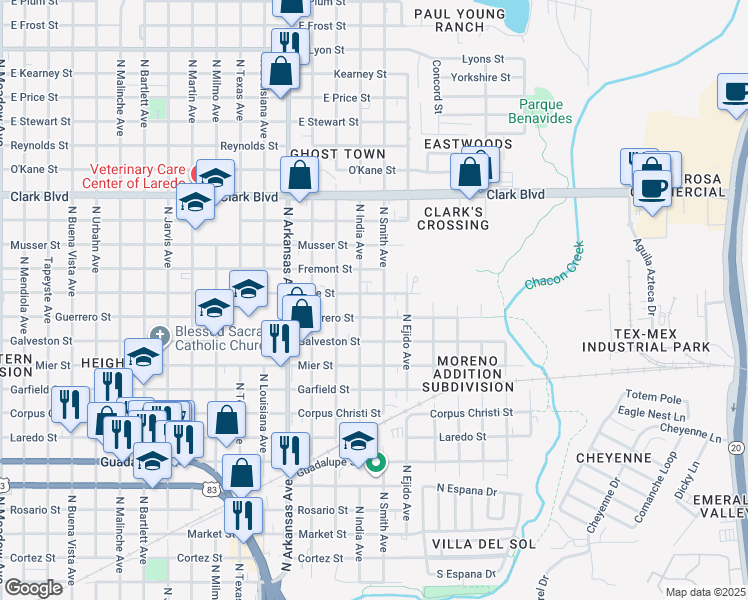 map of restaurants, bars, coffee shops, grocery stores, and more near in Laredo