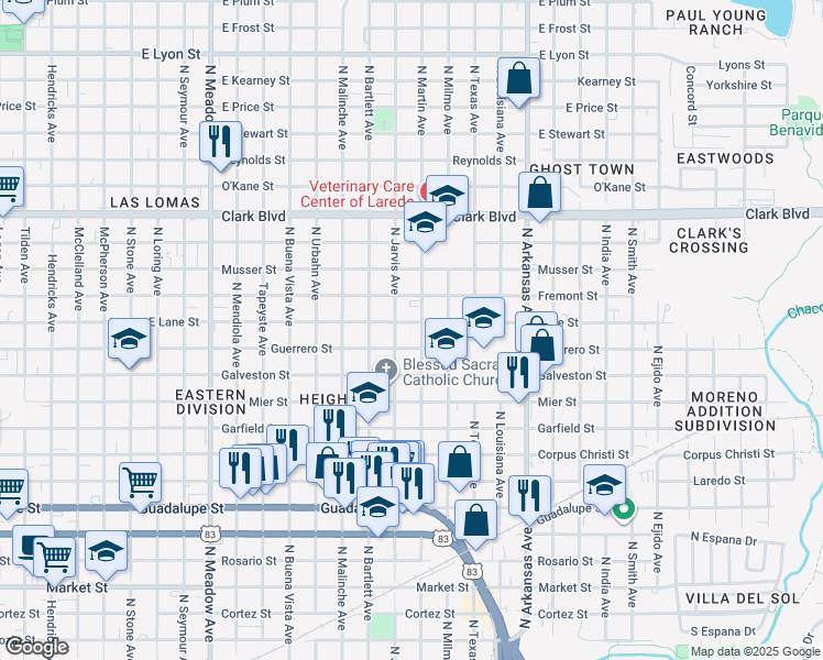map of restaurants, bars, coffee shops, grocery stores, and more near 2320 Lane Street in Laredo