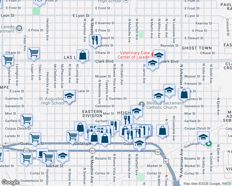 map of restaurants, bars, coffee shops, grocery stores, and more near 1901 Lane Street in Laredo