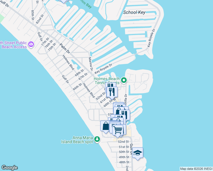 map of restaurants, bars, coffee shops, grocery stores, and more near 415 63rd Street in Holmes Beach