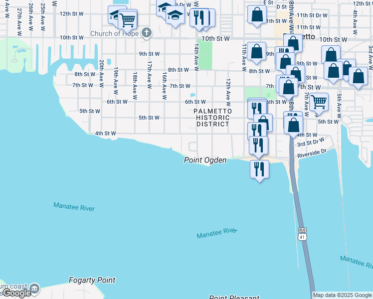 map of restaurants, bars, coffee shops, grocery stores, and more near 307 15th Avenue West in Palmetto