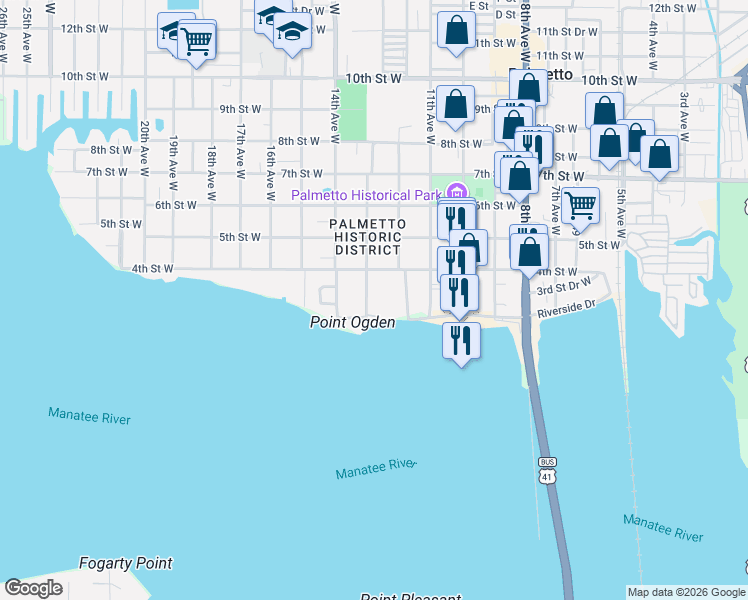 map of restaurants, bars, coffee shops, grocery stores, and more near 314 13th Avenue West in Palmetto