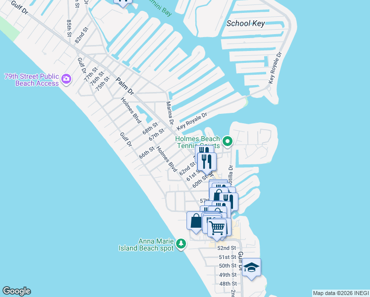 map of restaurants, bars, coffee shops, grocery stores, and more near 321 64th Street in Holmes Beach