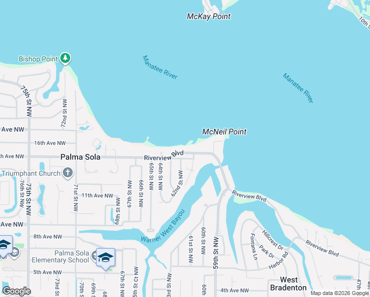 map of restaurants, bars, coffee shops, grocery stores, and more near 6118 Riverview Boulevard in Bradenton
