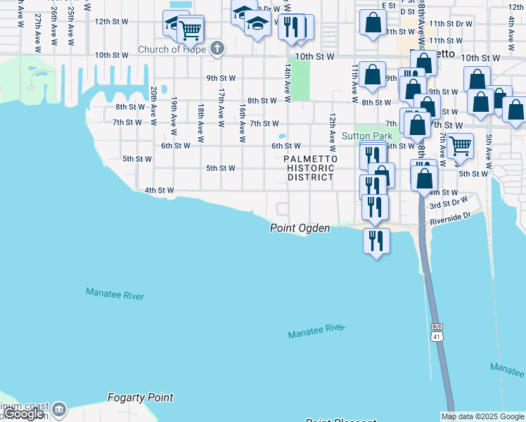 map of restaurants, bars, coffee shops, grocery stores, and more near 307 15th Avenue West in Palmetto