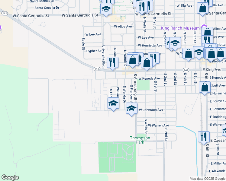 map of restaurants, bars, coffee shops, grocery stores, and more near 416 S Lantana Dr in Kingsville