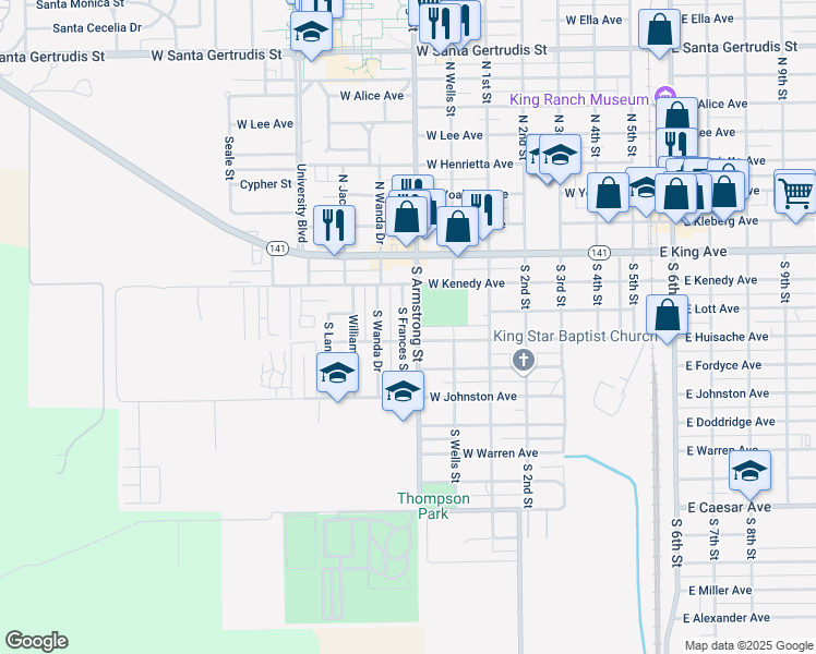 map of restaurants, bars, coffee shops, grocery stores, and more near 416 South Frances Street in Kingsville