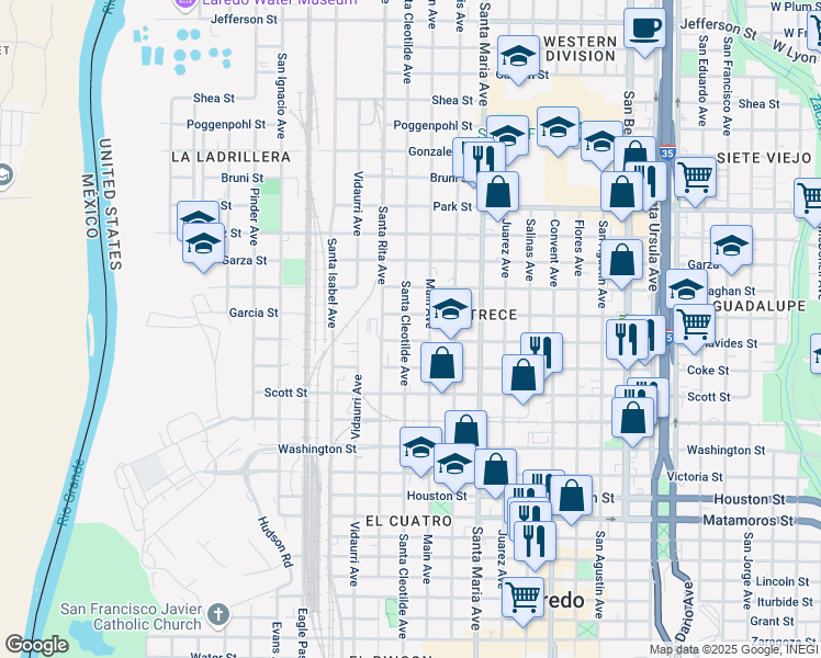 map of restaurants, bars, coffee shops, grocery stores, and more near 1507 Santa Cleotilde Avenue in Laredo