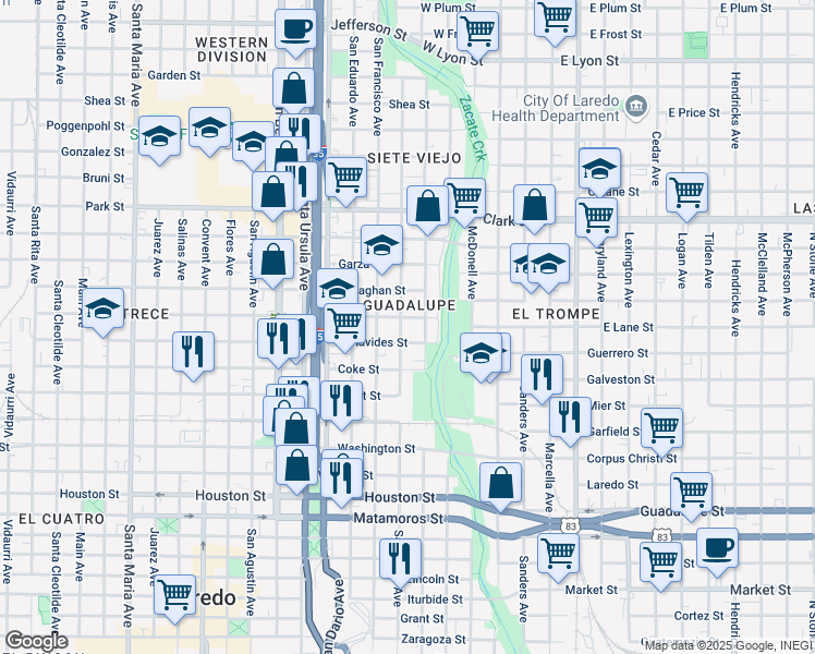 map of restaurants, bars, coffee shops, grocery stores, and more near 1513 San Jorge Avenue in Laredo