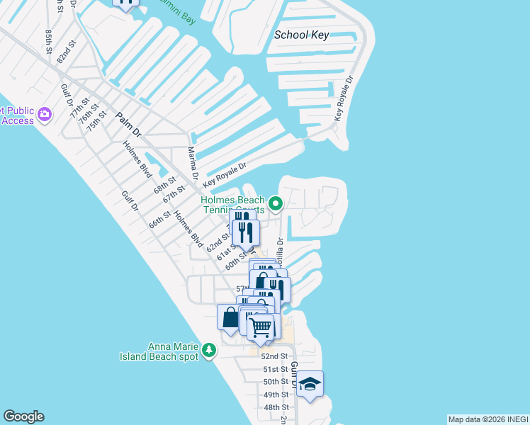 map of restaurants, bars, coffee shops, grocery stores, and more near 6212 Marina Way in Holmes Beach