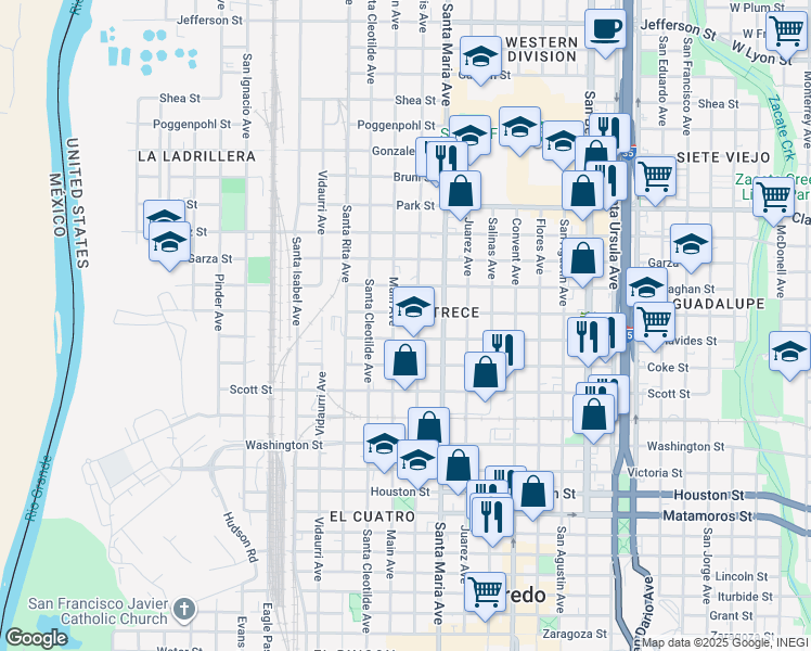 map of restaurants, bars, coffee shops, grocery stores, and more near 1500 Davis Avenue in Laredo
