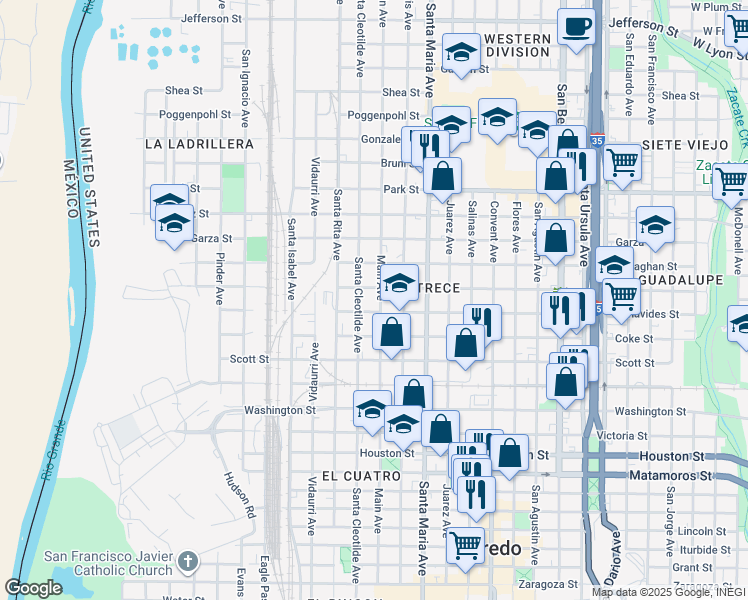 map of restaurants, bars, coffee shops, grocery stores, and more near 1507 Santa Cleotilde Avenue in Laredo