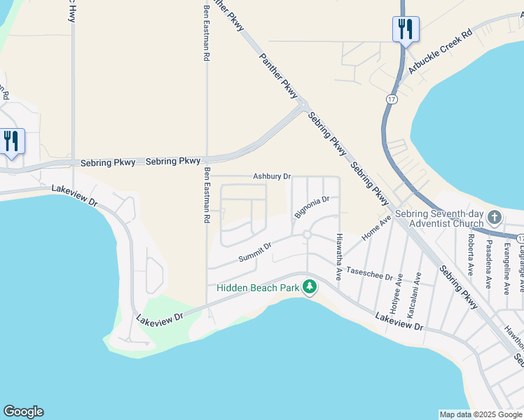 map of restaurants, bars, coffee shops, grocery stores, and more near 1364 Stone Ridge Circle in Sebring