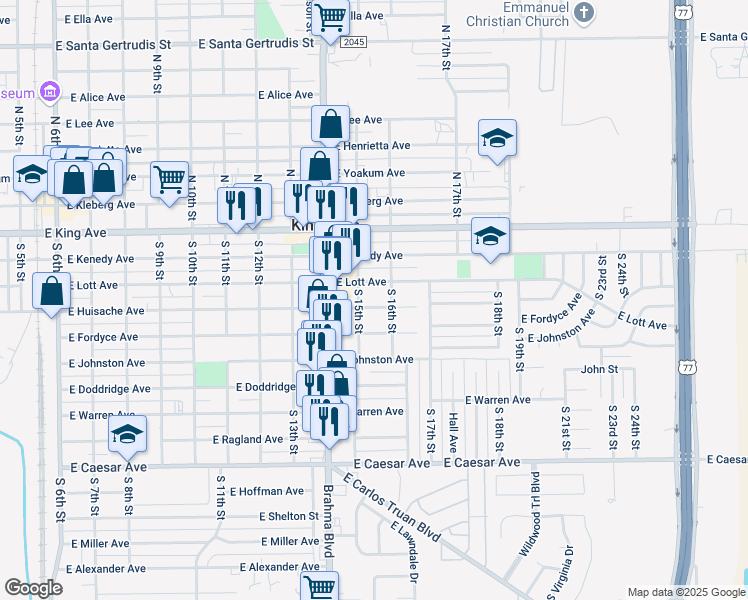 map of restaurants, bars, coffee shops, grocery stores, and more near 1110 East Huisache Avenue in Kingsville