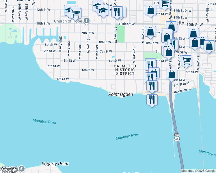 map of restaurants, bars, coffee shops, grocery stores, and more near 214 15th Avenue West in Palmetto