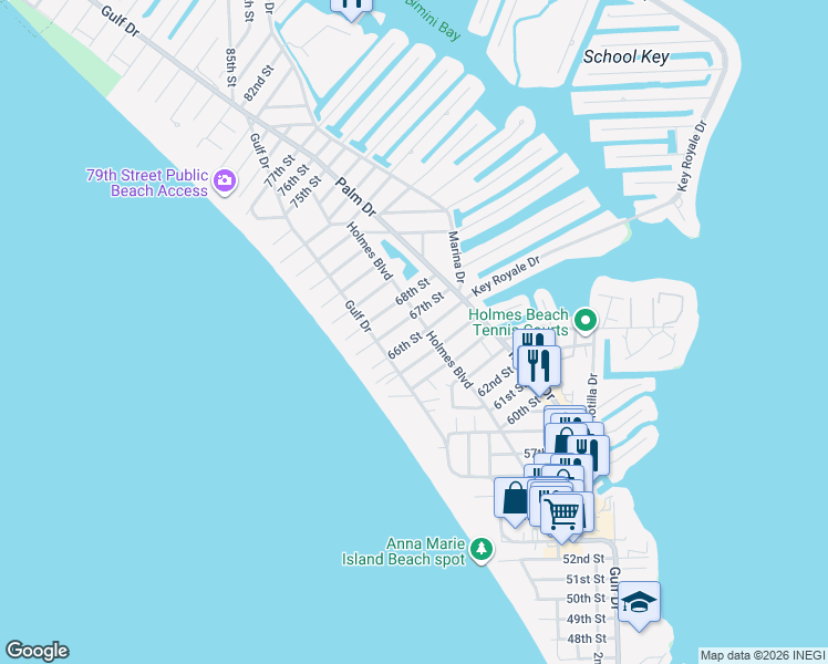 map of restaurants, bars, coffee shops, grocery stores, and more near 212 66th Street in Holmes Beach